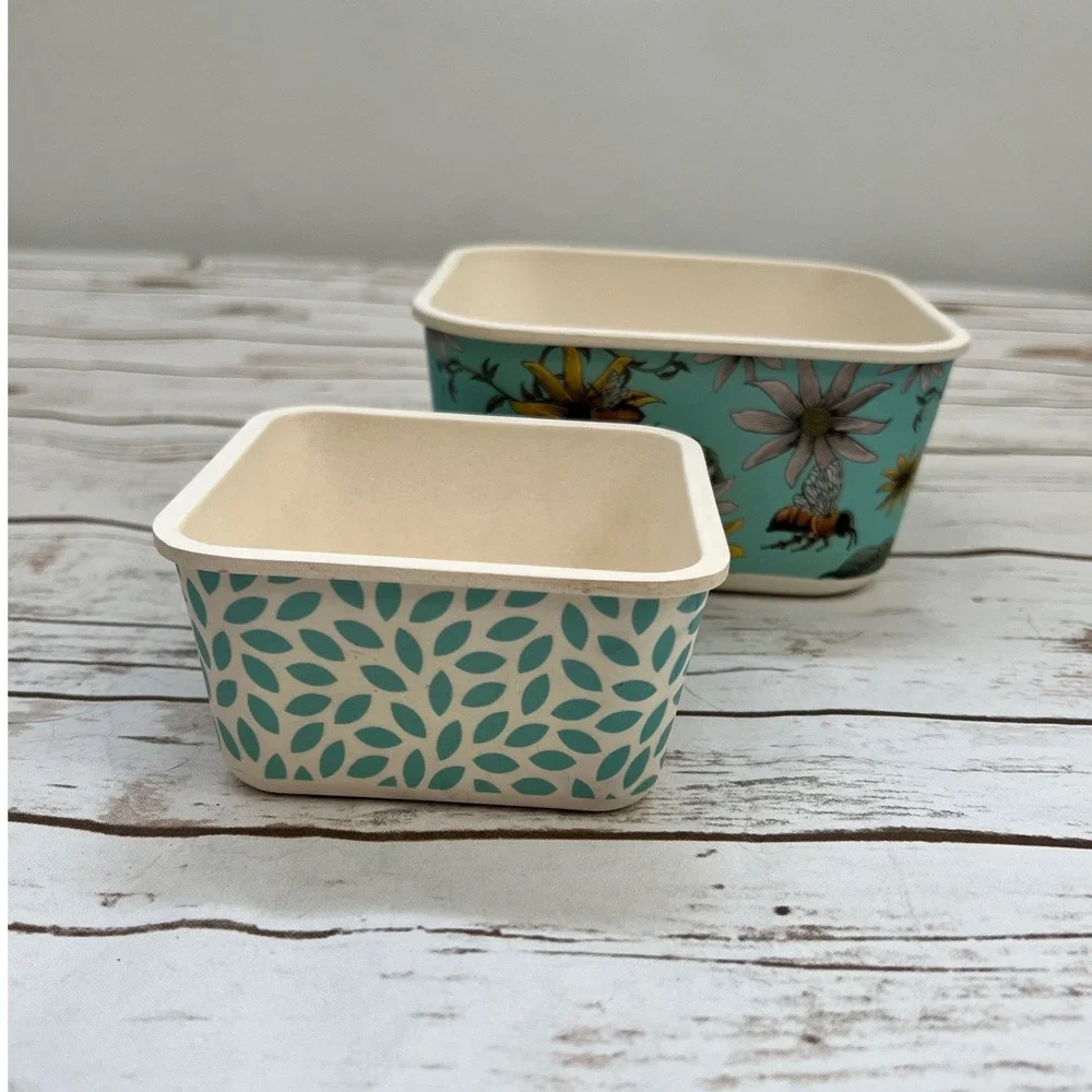 Bamboo‎ Fiber Nesting Bowls Teal Floral Bee Leaf Print Set of 2 S/M